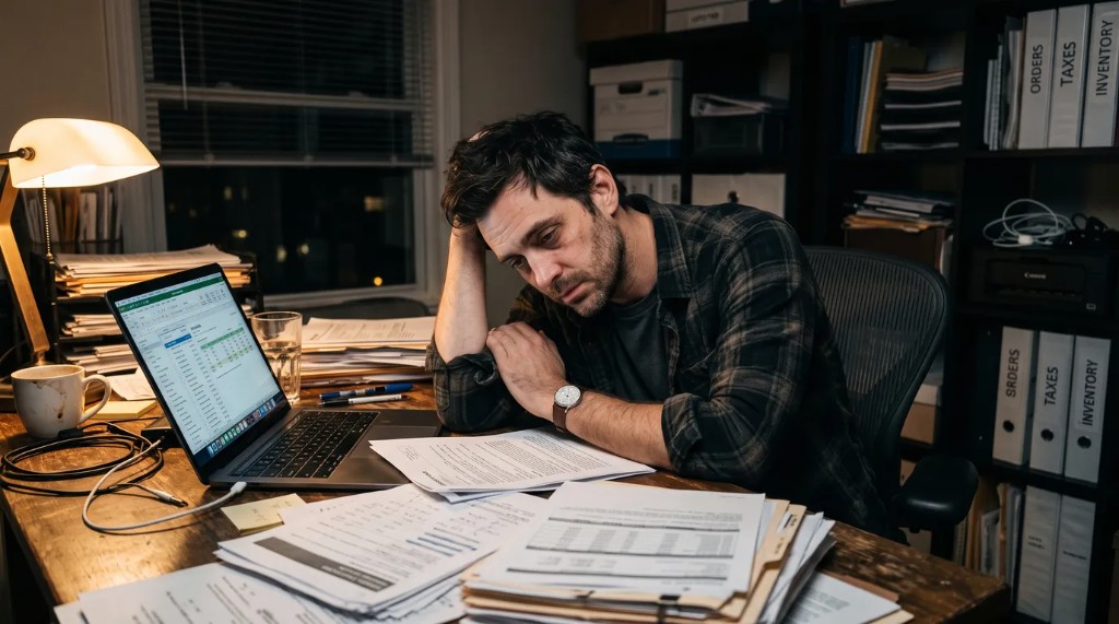 Exhausted founder at a cluttered desk